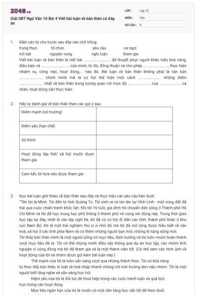 Giải SBT Ngữ Văn 10 Bài 4 Viết bài luận về bản thân có đáp án