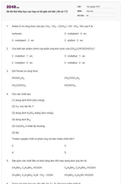 Đề thi thử Hóa học cực hay có lời giải chi tiết ( đề số 17)