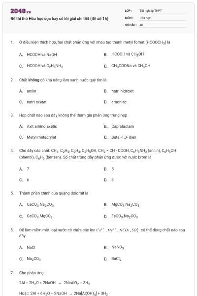 Đề thi thử Hóa học cực hay có lời giải chi tiết (đề số 16)