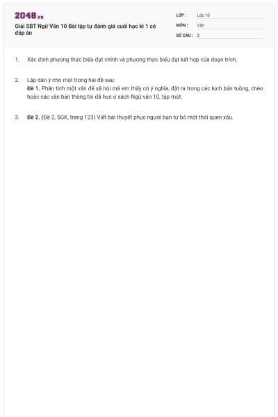 Giải SBT Ngữ Văn 10 Bài tập tự đánh giá cuối học kì 1 có đáp án