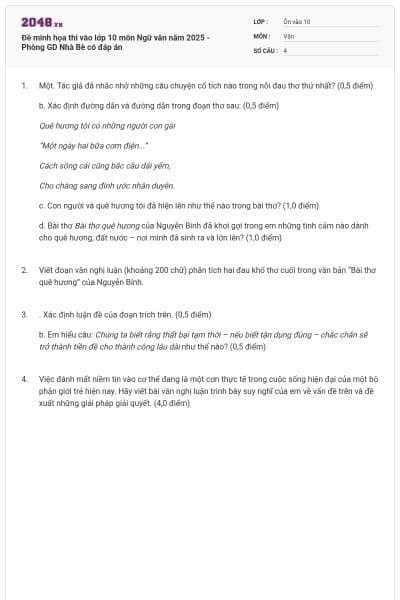 Đề minh họa thi vào lớp 10 môn Ngữ văn năm 2025 - Phòng GD Nhà Bè có đáp án