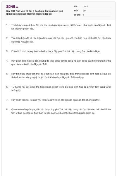 Giải SBT Ngữ Văn 10 Bài 5 Đọc hiểu: Đại cáo bình Ngô (Bình Ngô đại cáo) (Nguyễn Trãi) có đáp án