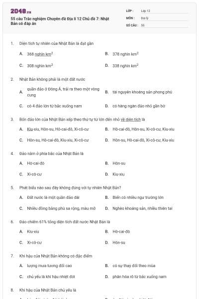 55 câu Trắc nghiệm Chuyên đề Địa lí 12 Chủ đề 7: Nhật Bản có đáp án