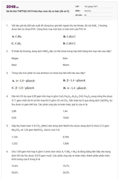 Đề thi thử THPTQG 2019 Hóa Học mức độ cơ bản (đề số 3)