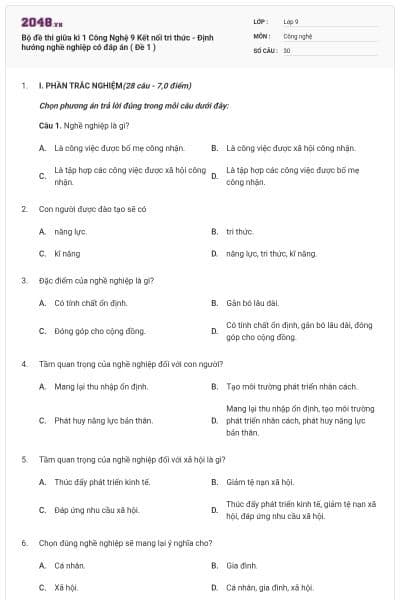 Bộ đề thi giữa kì 1 Công Nghệ 9 Kết nối tri thức - Định hướng nghề nghiệp có đáp án ( Đề 1 )