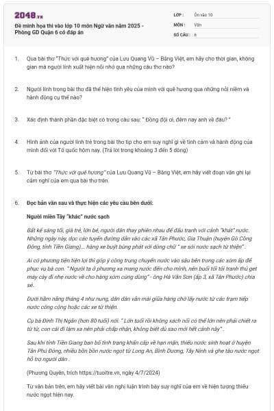 Đề minh họa thi vào lớp 10 môn Ngữ văn năm 2025 - Phòng GD Quận 6 có đáp án