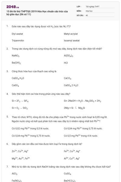 15 Đề thi thử THPTQG 2019 Hóa Học chuẩn cấu trúc của bộ giáo dục (Đề số 11)