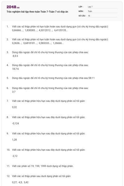 Trắc nghiệm bài tập theo tuần Toán 7-Tuần 7 có đáp án