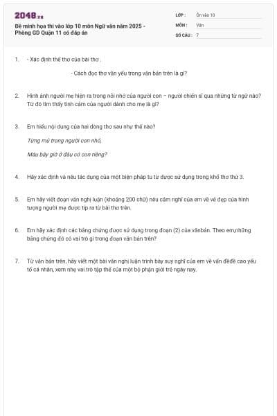Đề minh họa thi vào lớp 10 môn Ngữ văn năm 2025 - Phòng GD Quận 11 có đáp án