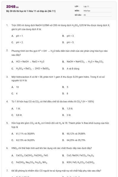 Bộ 30 đề thi học kì 1 Hóa 11 có đáp án (Đề 11)
