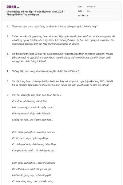 Đề minh họa thi vào lớp 10 môn Ngữ văn năm 2025 - Phòng GD Phú Thọ có đáp án