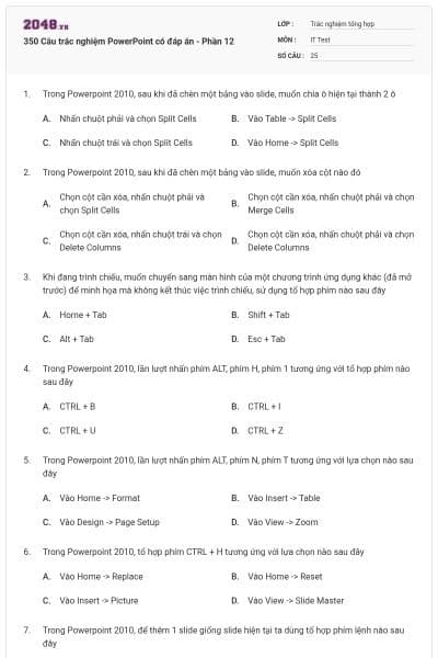 350 Câu trắc nghiệm PowerPoint có đáp án - Phần 12