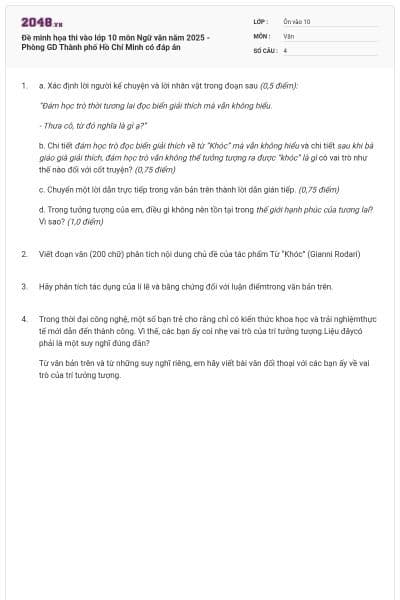Đề minh họa thi vào lớp 10 môn Ngữ văn năm 2025 - Phòng GD Thành phố Hồ Chí Minh có đáp án