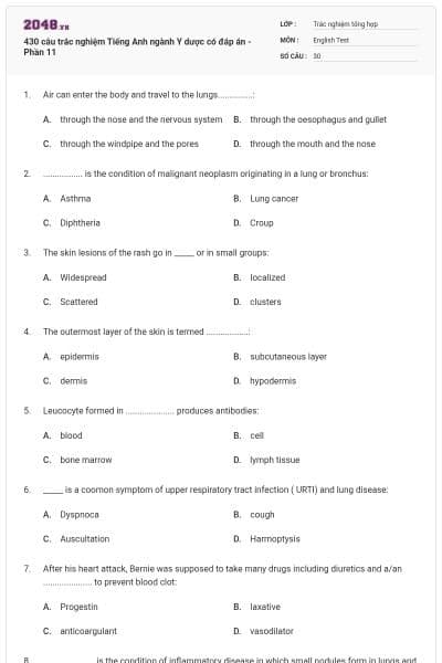 430 câu trắc nghiệm Tiếng Anh ngành Y dược có đáp án - Phần 11