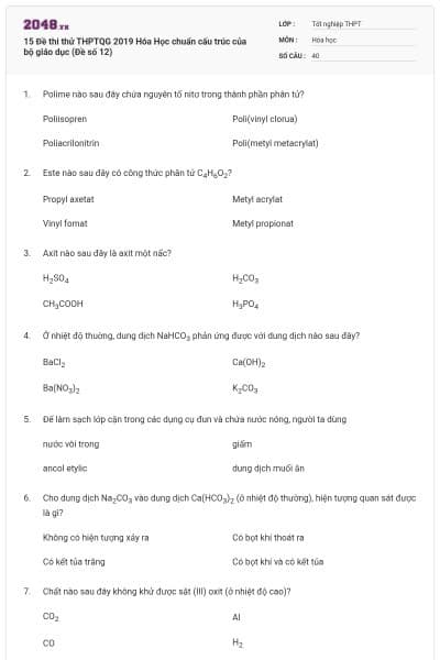 15 Đề thi thử THPTQG 2019 Hóa Học chuẩn cấu trúc của bộ giáo dục (Đề số 12)