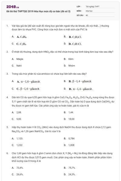 Đề thi thử THPTQG 2019 Hóa Học mức độ cơ bản (đề số 3)