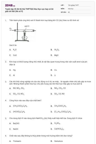 Tuyển tập 20 đề thi thử THPTQG Hóa Học cực hay có lời giải chi tiết (Đề số 9)