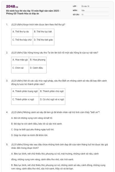 Đề minh họa thi vào lớp 10 môn Ngữ văn năm 2025 - Phòng GD Thanh Hóa có đáp án