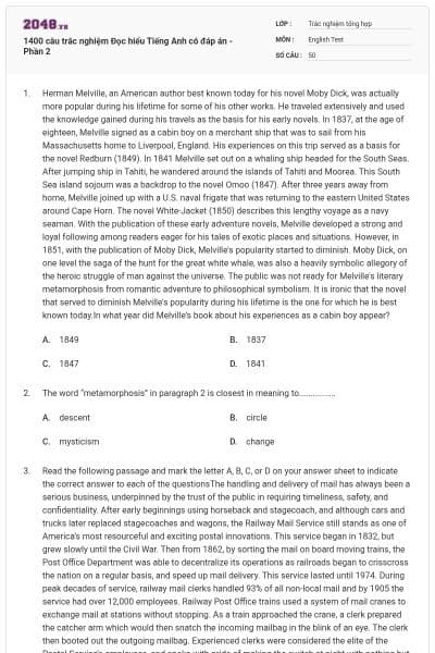 1400 câu trắc nghiệm Đọc hiểu Tiếng Anh có đáp án - Phần 2