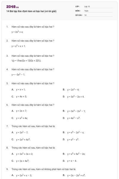 14 Bài tập Xác định hàm số bậc hai (có lời giải)