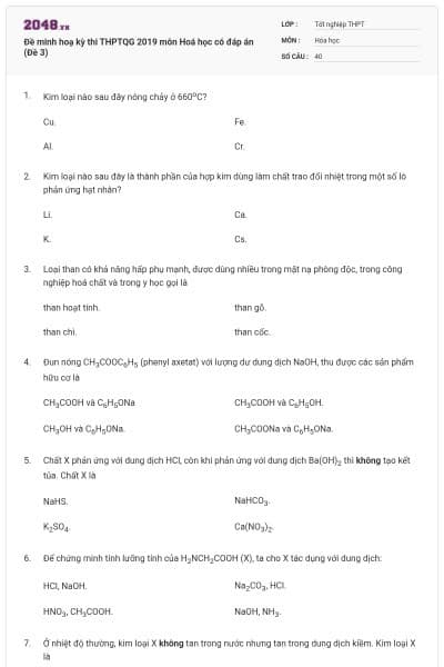 Đề minh hoạ kỳ thi THPTQG 2019 môn Hoá học có đáp án (Đề 3)