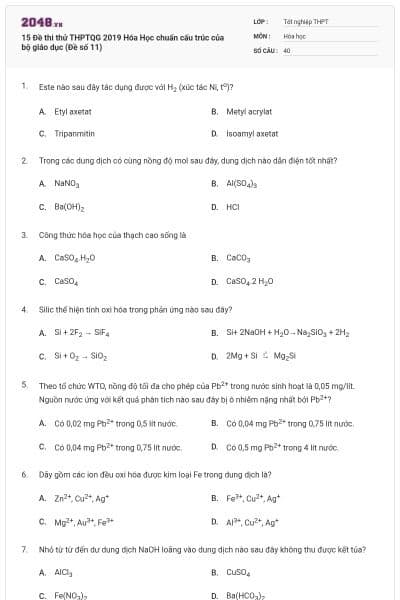 15 Đề thi thử THPTQG 2019 Hóa Học chuẩn cấu trúc của bộ giáo dục (Đề số 11)