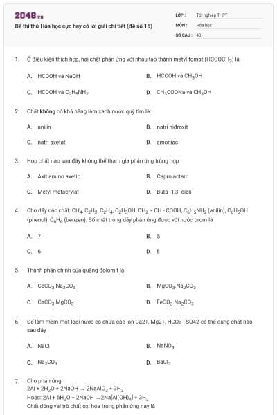 Đề thi thử Hóa học cực hay có lời giải chi tiết (đề số 16)