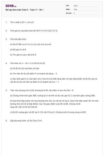 Bài tập theo tuần Toán 9 - Tuần 17 - Đề 1