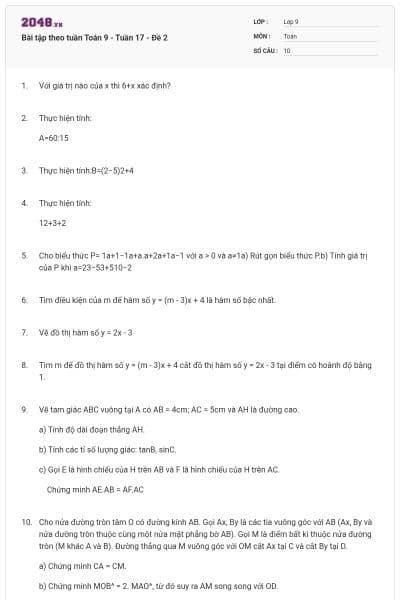 Bài tập theo tuần Toán 9 - Tuần 17 - Đề 2