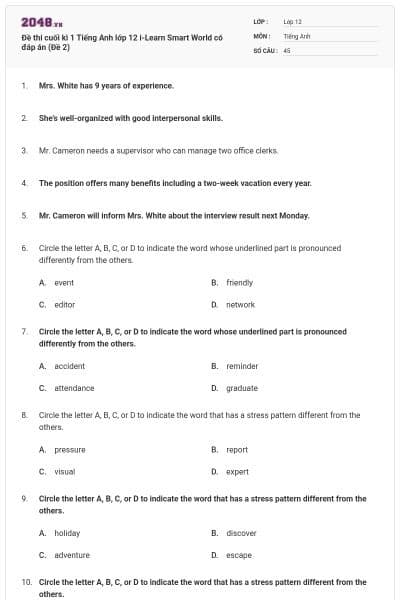 Đề thi cuối kì 1 Tiếng Anh lớp 12 i-Learn Smart World có đáp án (Đề 2)