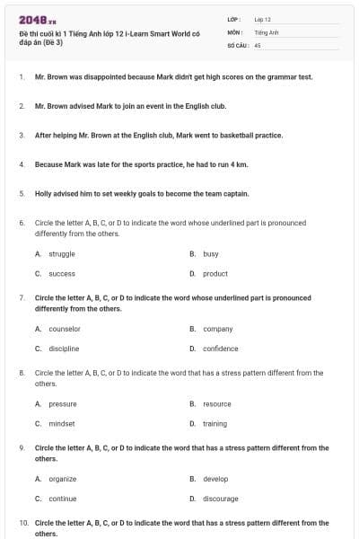 Đề thi cuối kì 1 Tiếng Anh lớp 12 i-Learn Smart World có đáp án (Đề 3)