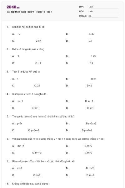 Bài tập theo tuần Toán 9 - Tuần 18 - Đề 1