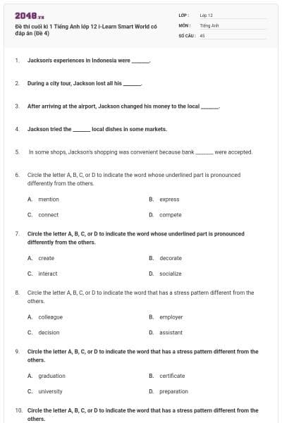 Đề thi cuối kì 1 Tiếng Anh lớp 12 i-Learn Smart World có đáp án (Đề 4)