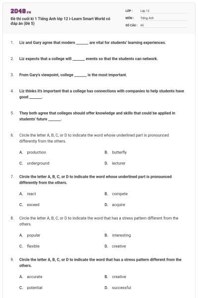 Đề thi cuối kì 1 Tiếng Anh lớp 12 i-Learn Smart World có đáp án (Đề 5)