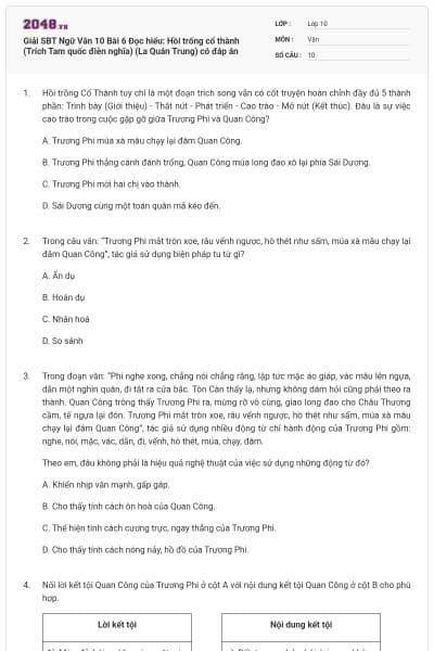 Giải SBT Ngữ Văn 10 Bài 6 Đọc hiểu: Hồi trống cổ thành (Trích Tam quốc điễn nghĩa) (La Quán Trung) có đáp án