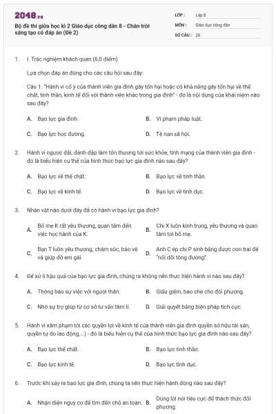 Bộ đề thi giữa học kì 2 Giáo dục công dân 8 - Chân trời sáng tạo có đáp án (Đề 2)