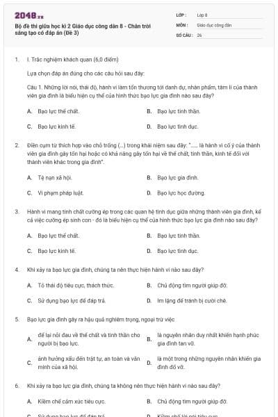 Bộ đề thi giữa học kì 2 Giáo dục công dân 8 - Chân trời sáng tạo có đáp án (Đề 3)