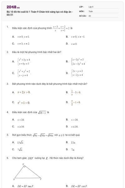 Bộ 10 đề thi cuối kì 1 Toán 9 Chân trời sáng tạo có đáp án - Đề 01