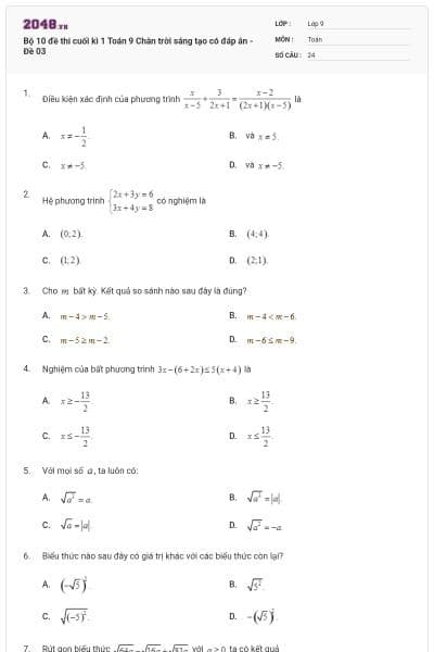 Bộ 10 đề thi cuối kì 1 Toán 9 Chân trời sáng tạo có đáp án - Đề 03