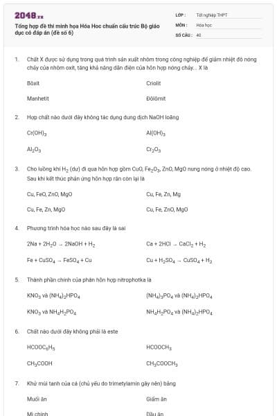 Tổng hợp đề thi minh họa Hóa Hoc chuẩn cấu trúc Bộ giáo dục có đáp án (đề số 6)