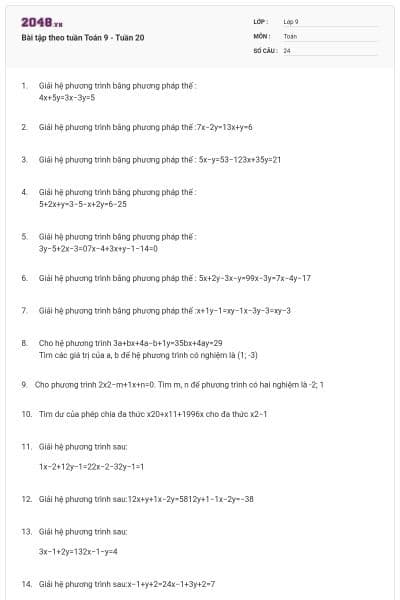 Bài tập theo tuần Toán 9 - Tuần 20