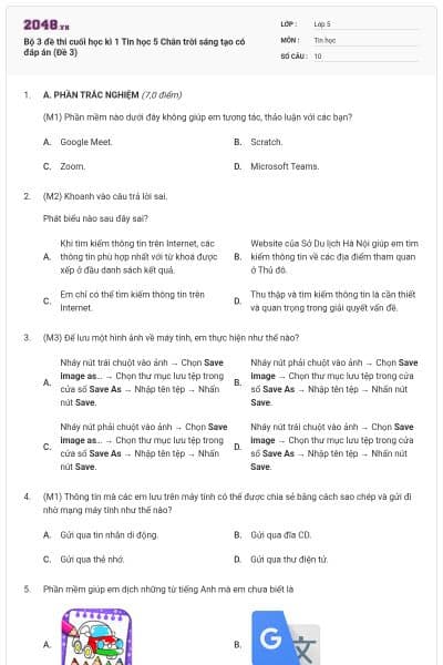 Bộ 3 đề thi cuối học kì 1 Tin học 5 Chân trời sáng tạo có đáp án (Đề 3)