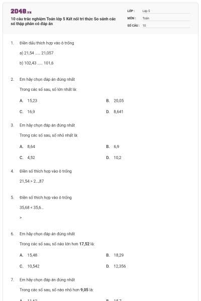 10 câu trắc nghiệm Toán lớp 5 Kết nối tri thức So sánh các số thập phân có đáp án