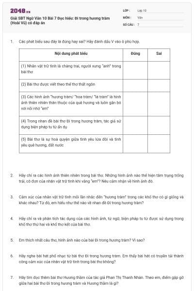 Giải SBT Ngữ Văn 10 Bài 7 Đọc hiểu: Đi trong hương tràm (Hoài Vũ) có đáp án