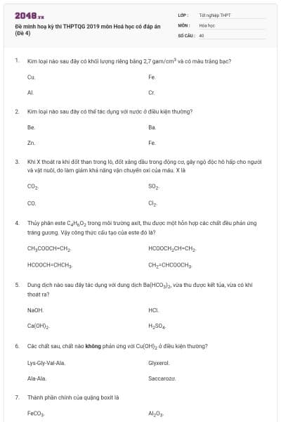 Đề minh hoạ kỳ thi THPTQG 2019 môn Hoá học có đáp án (Đề 4)