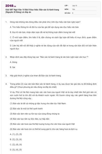 Giải SBT Ngữ Văn 10 Bài 8 Đọc hiểu: Bản sắc là hành trang (Nguyên Sĩ Dũng) có đáp án