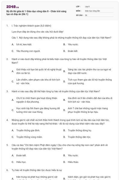Bộ đề thi giữa kì 1 Giáo dục công dân 8 - Chân trời sáng tạo có đáp án (Đề 1)