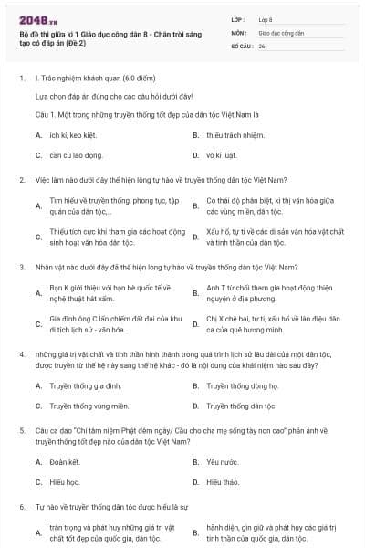 Bộ đề thi giữa kì 1 Giáo dục công dân 8 - Chân trời sáng tạo có đáp án (Đề 2)