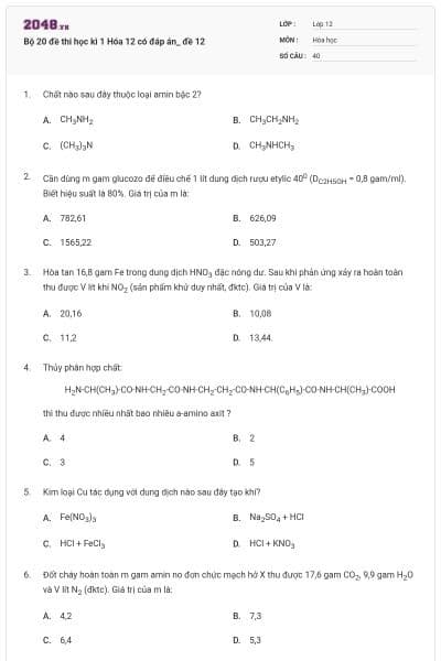 Bộ 20 đề thi học kì 1 Hóa 12 có đáp án_ đề 12