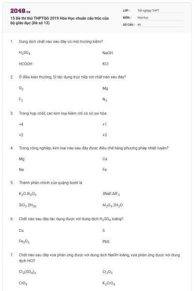 15 Đề thi thử THPTQG 2019 Hóa Học chuẩn cấu trúc của bộ giáo dục (Đề số 13)